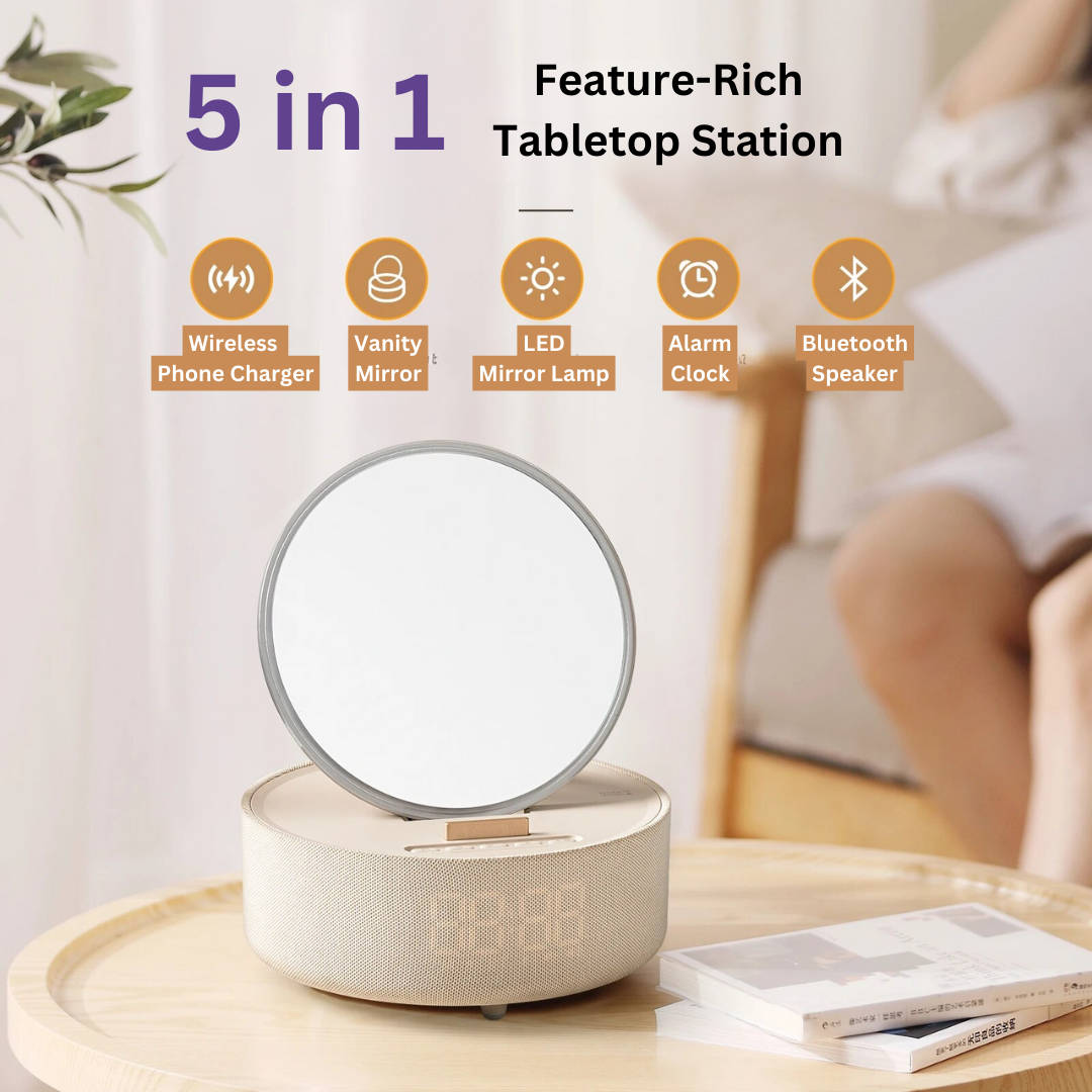 AuraSound 5x Console - Lighted Mirror, Speaker, Clock, and Charger